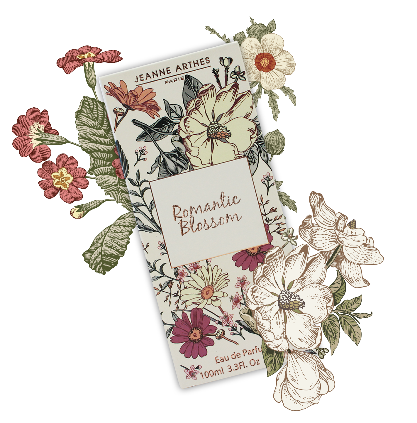 Carte Jeanne Arthes Paris entourer de fleurs genre estampe